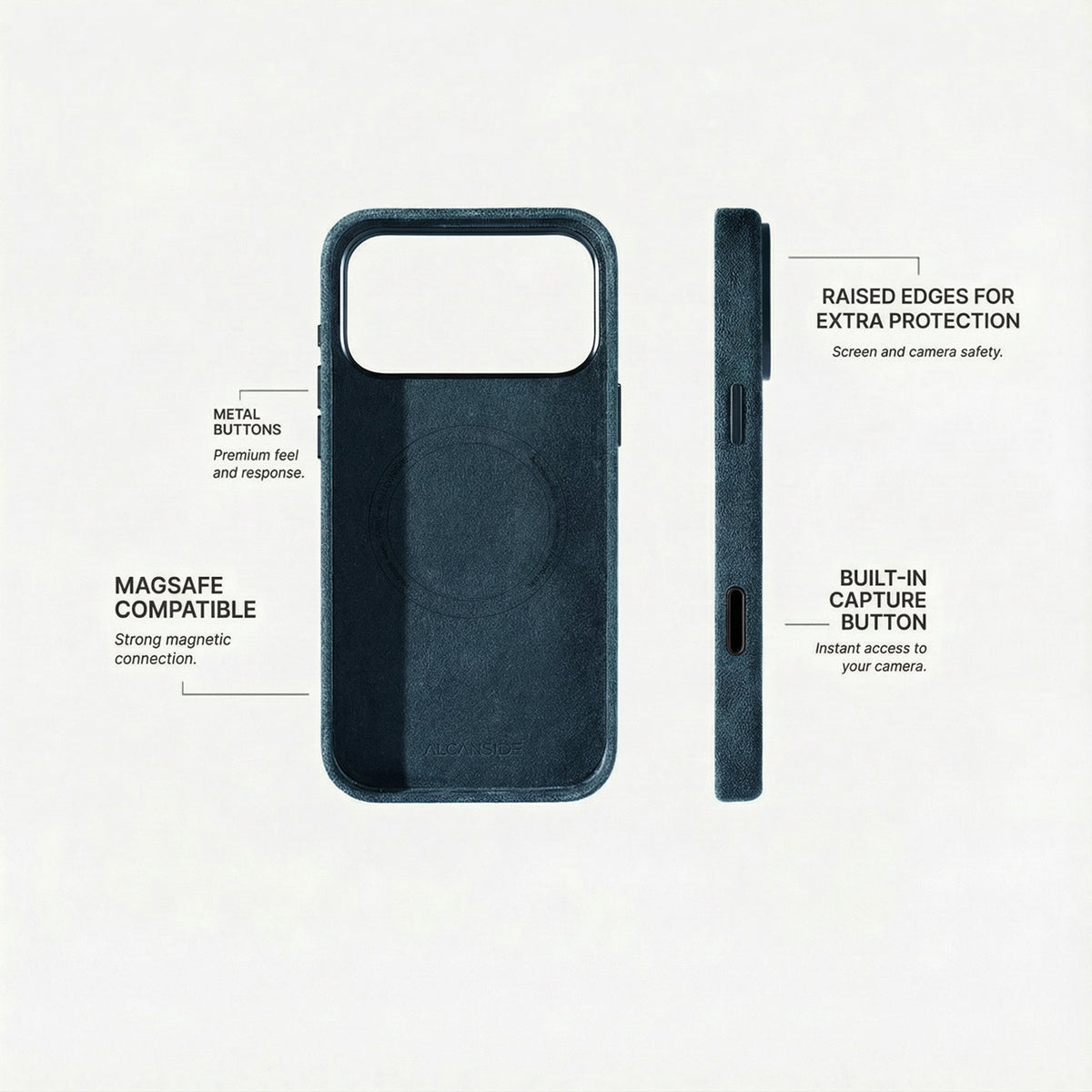 Alcantara iPhone 18 Pro case with MagSafe and metal buttons