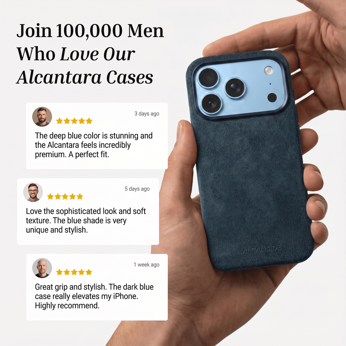 Customer reviews of the Navy Blue Alcantara iPhone 18 Pro case