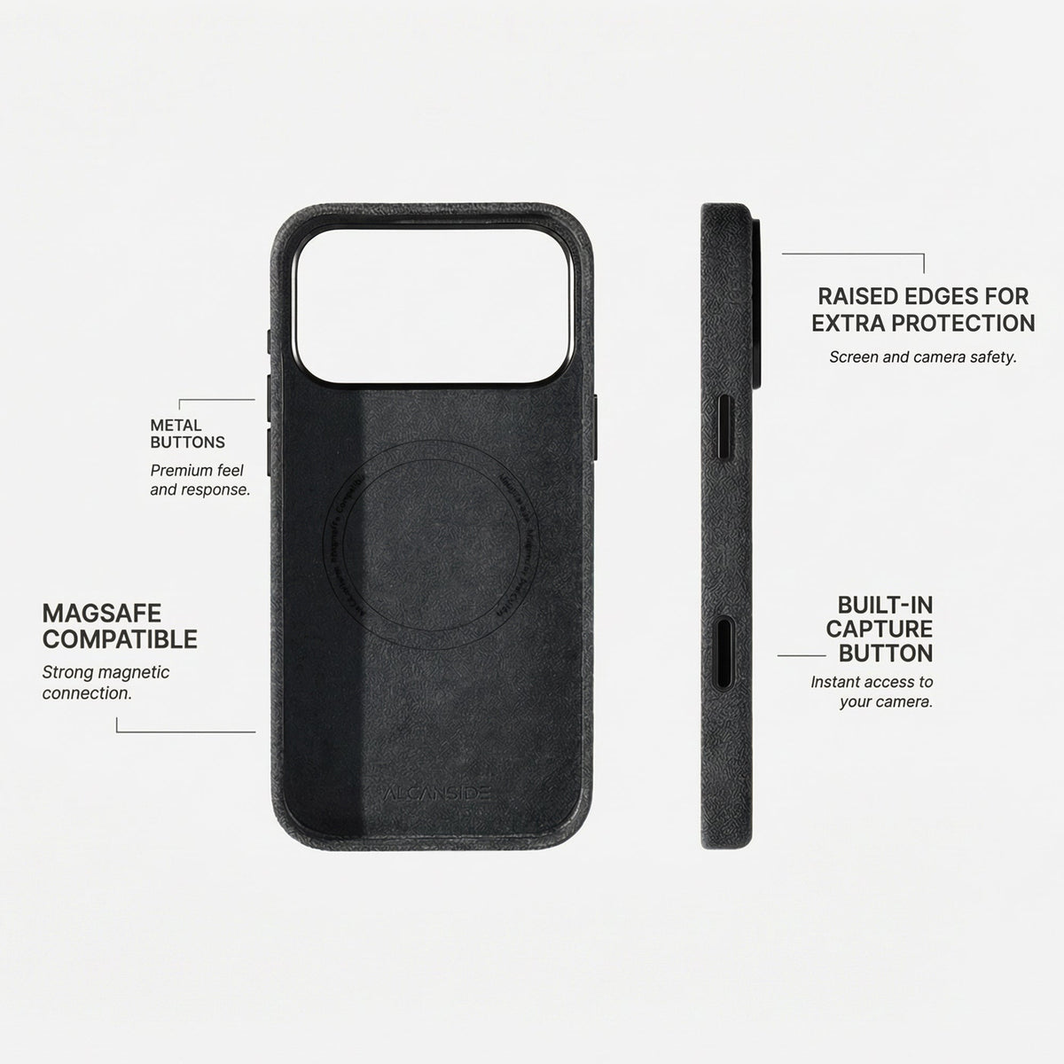 Alcantara iPhone 18 Pro case with MagSafe and metal buttons