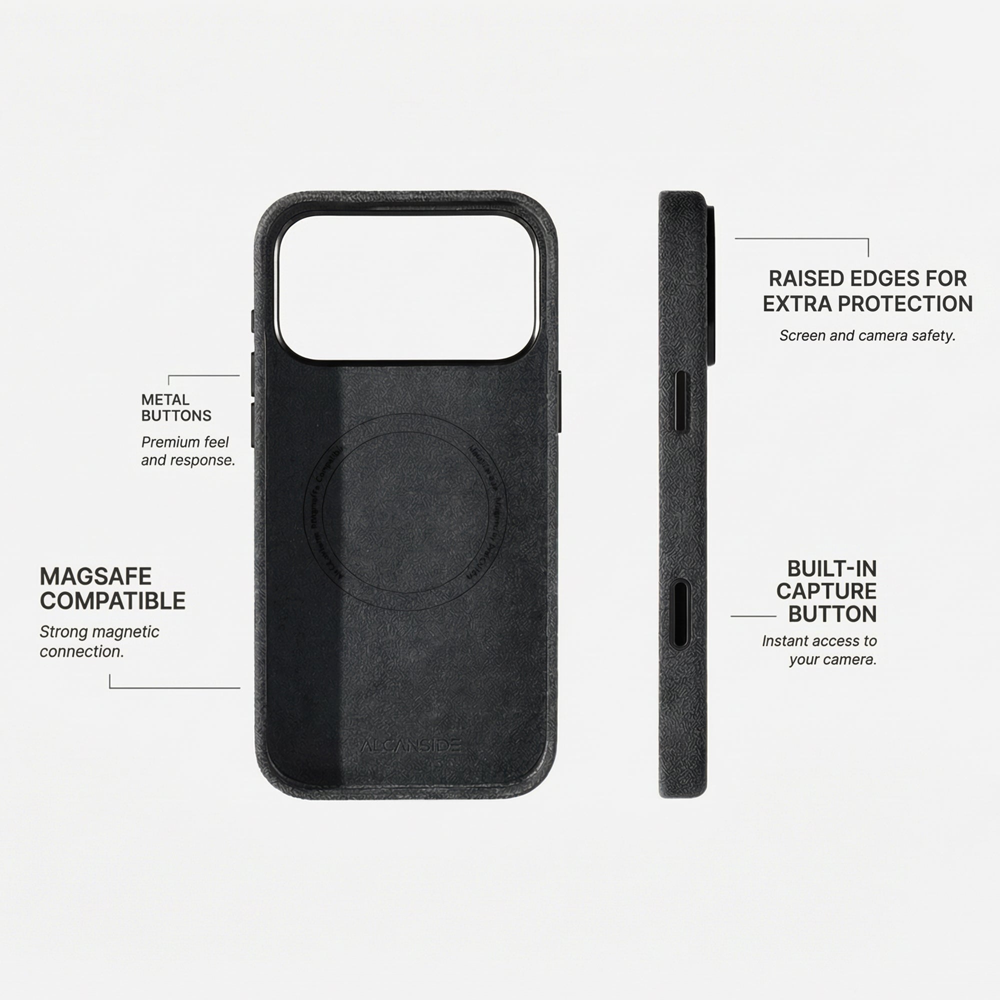 Alcantara iPhone 18 Pro Max case with MagSafe and metal buttons