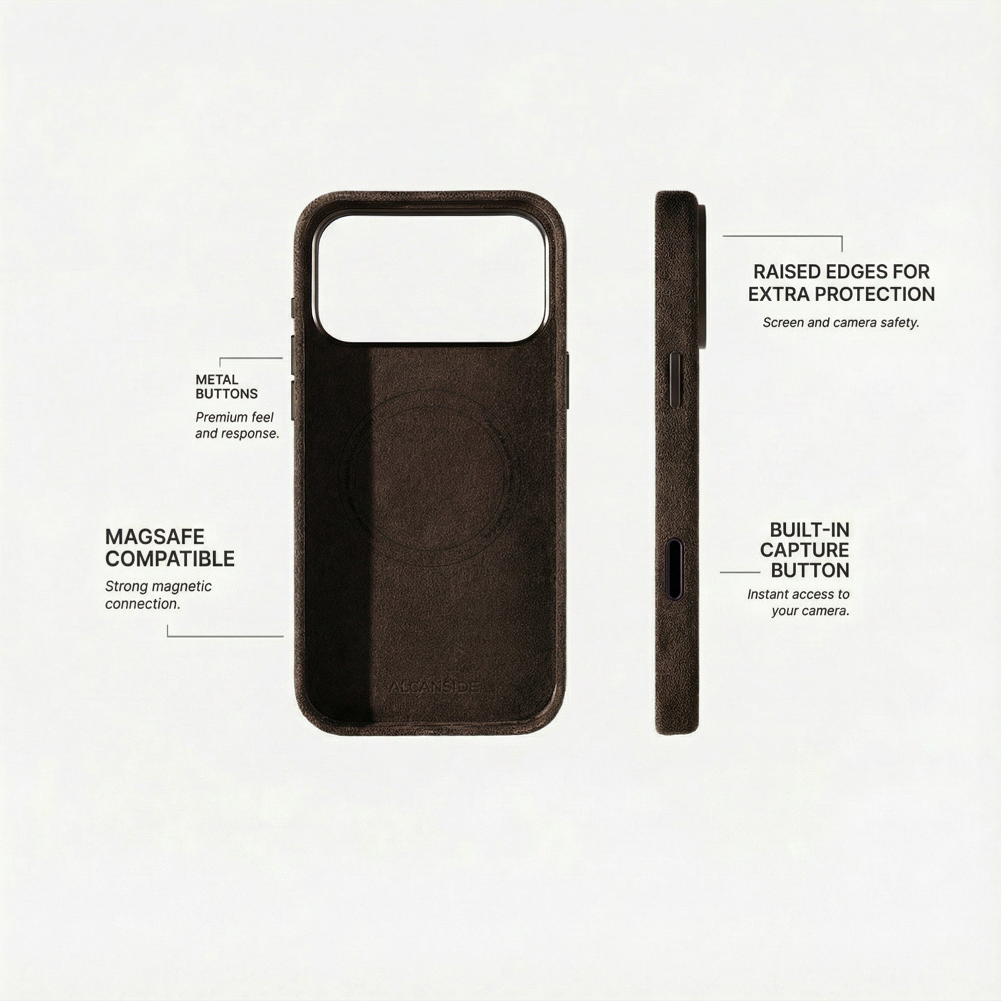 Alcantara iPhone 18 Pro case with MagSafe and metal buttons