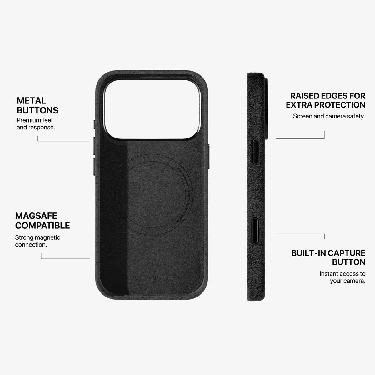 Alcantara iPhone 18 Pro case with MagSafe and metal buttons